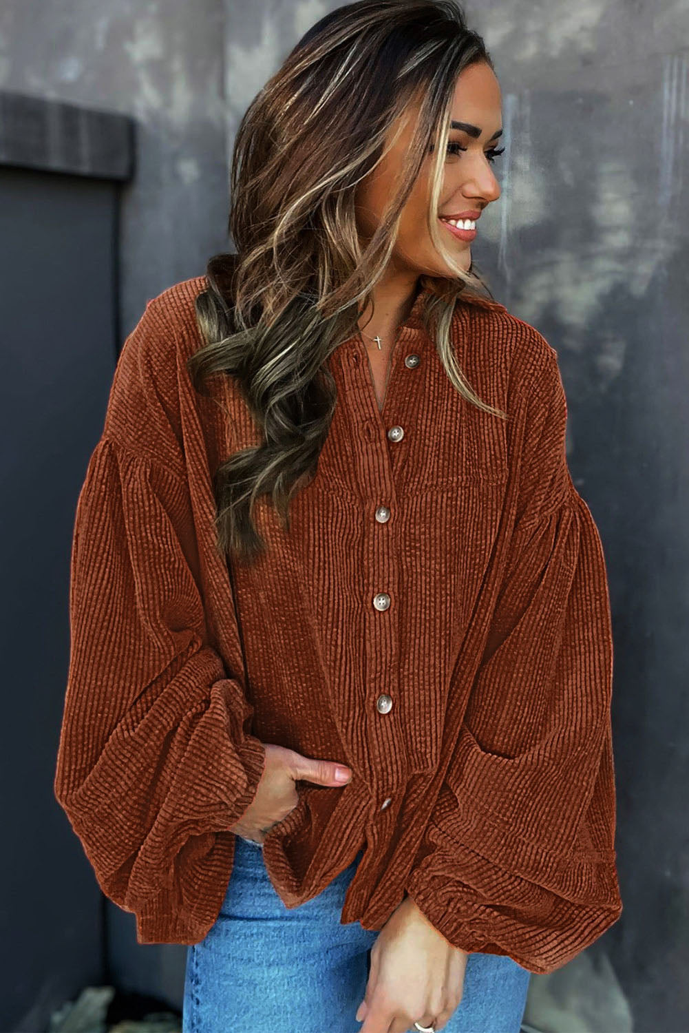 Long Sleeve Shirt Top Ribbed Coffee Textured Corduroy Puff Sleeve Shacket