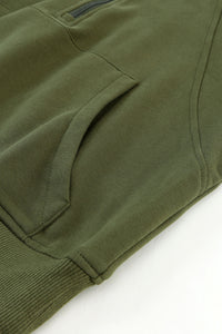 Green Zip Up Stand Collar Ribbed Thumbhole Sleeve Sweatshirt