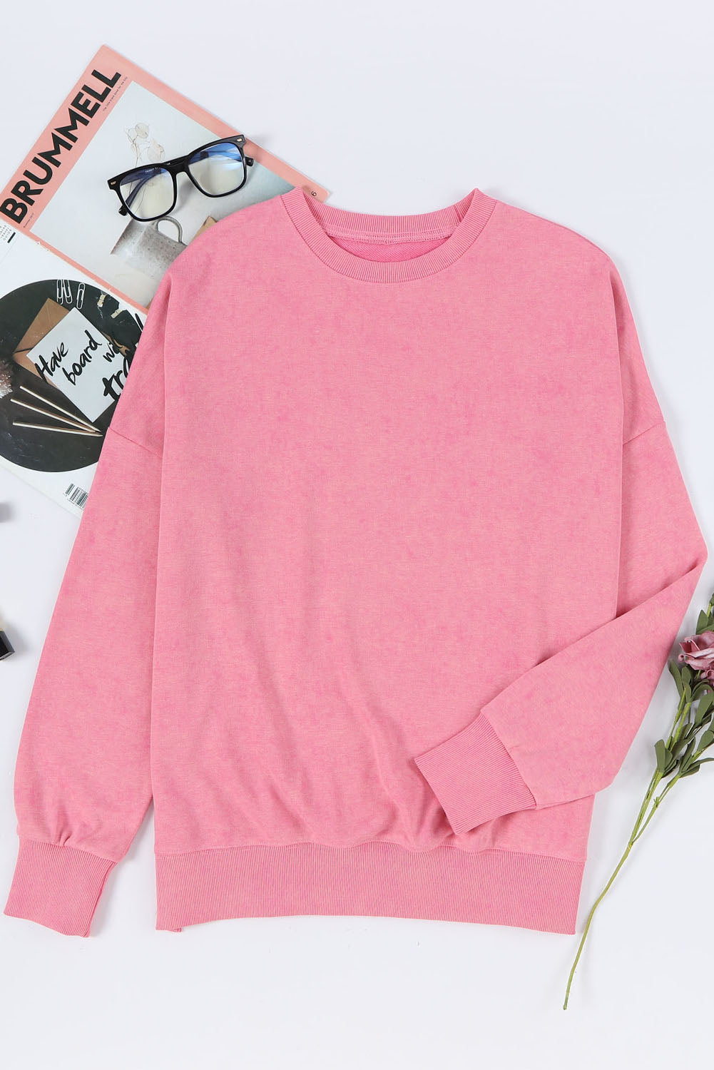 Pink Drop Shoulder Ribbed Trim Oversized Sweatshirt