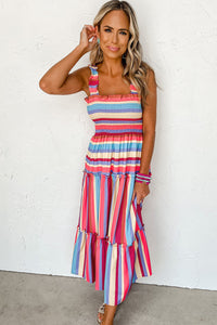 Red Stripe Ruffled Straps Smocked Tiered Long Maxi Dress