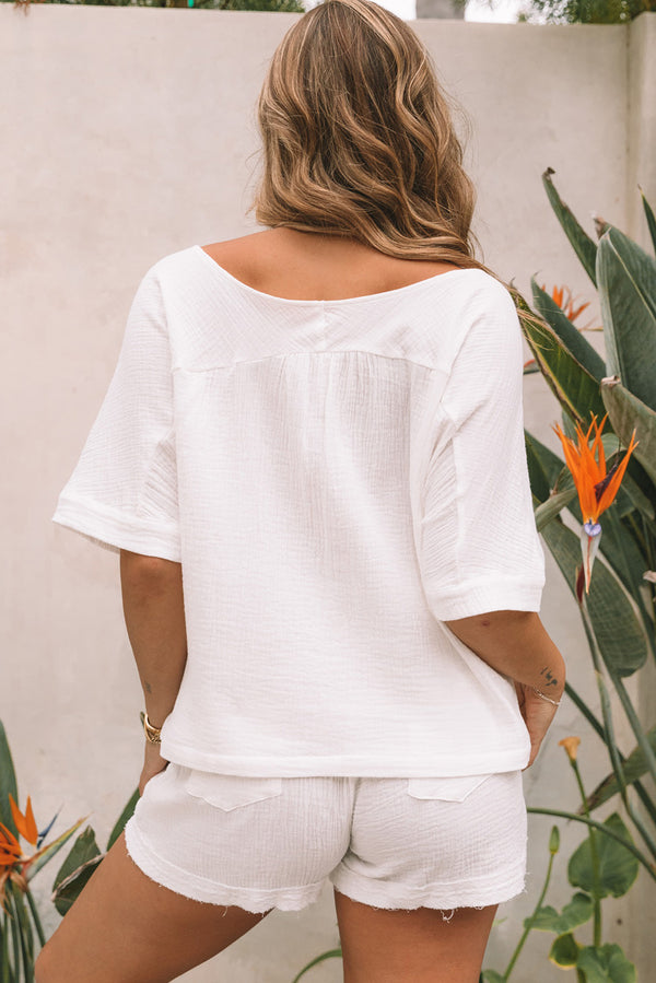 White Relaxed V Neck Blouse and Drawstring Raw Hem Shorts Set