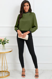 Green Color Block Bow Back Mock Neck Blouse