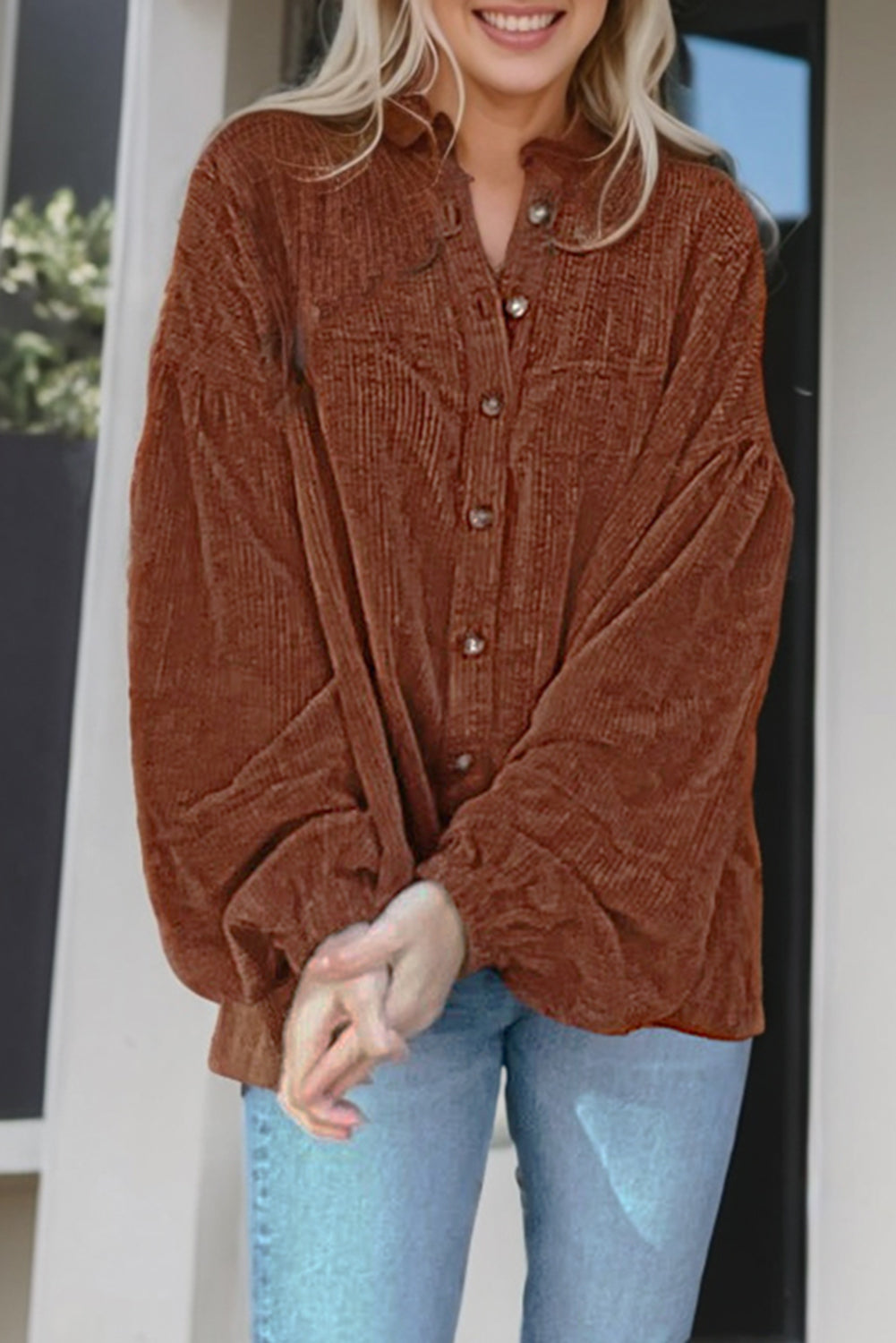 Long Sleeve Shirt Top Ribbed Coffee Textured Corduroy Puff Sleeve Shacket