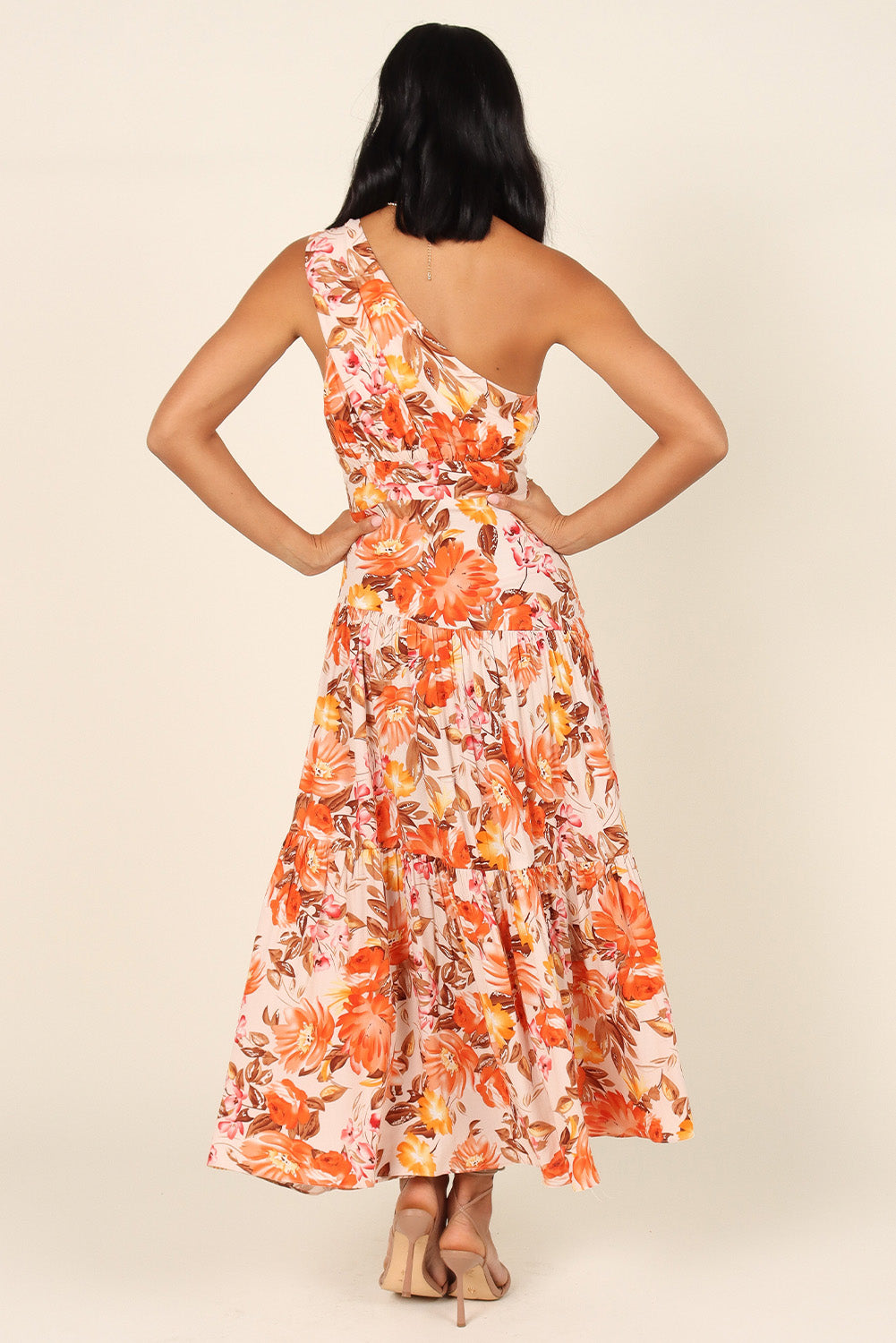 Womens Vacation Dress Orange Floral Print Pleated One Shoulder High Waist Maxi Dress