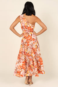 Womens Vacation Dress Orange Floral Print Pleated One Shoulder High Waist Maxi Dress