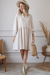 Apricot Frill Trim Half Buttoned Textured Casual Long Sleeve Dress