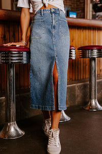 Women’s Jean Skirt with Pockets Front Slit Midi Denim Skirt