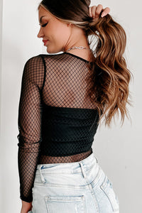 Black Bodysuit Shirt Lattice Mesh See Through Round Neck Long Sleeve Top