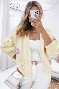 Women’s Open Fashion Sweater Beige Cute Flower Embellished Buttoned Cardigan