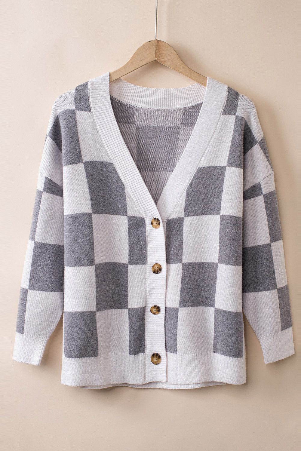 Gray Contrast Checkered Print Button Up Sweater Cardigan