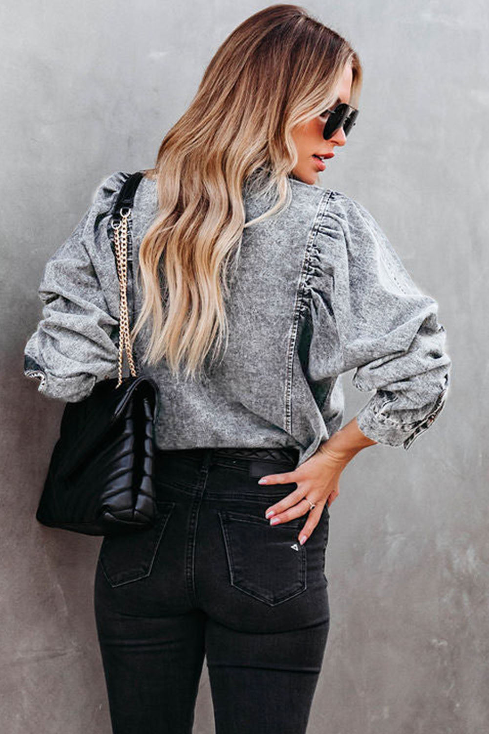 Gray Puff Sleeve Button-Up Denim Long Sleeve Shirt