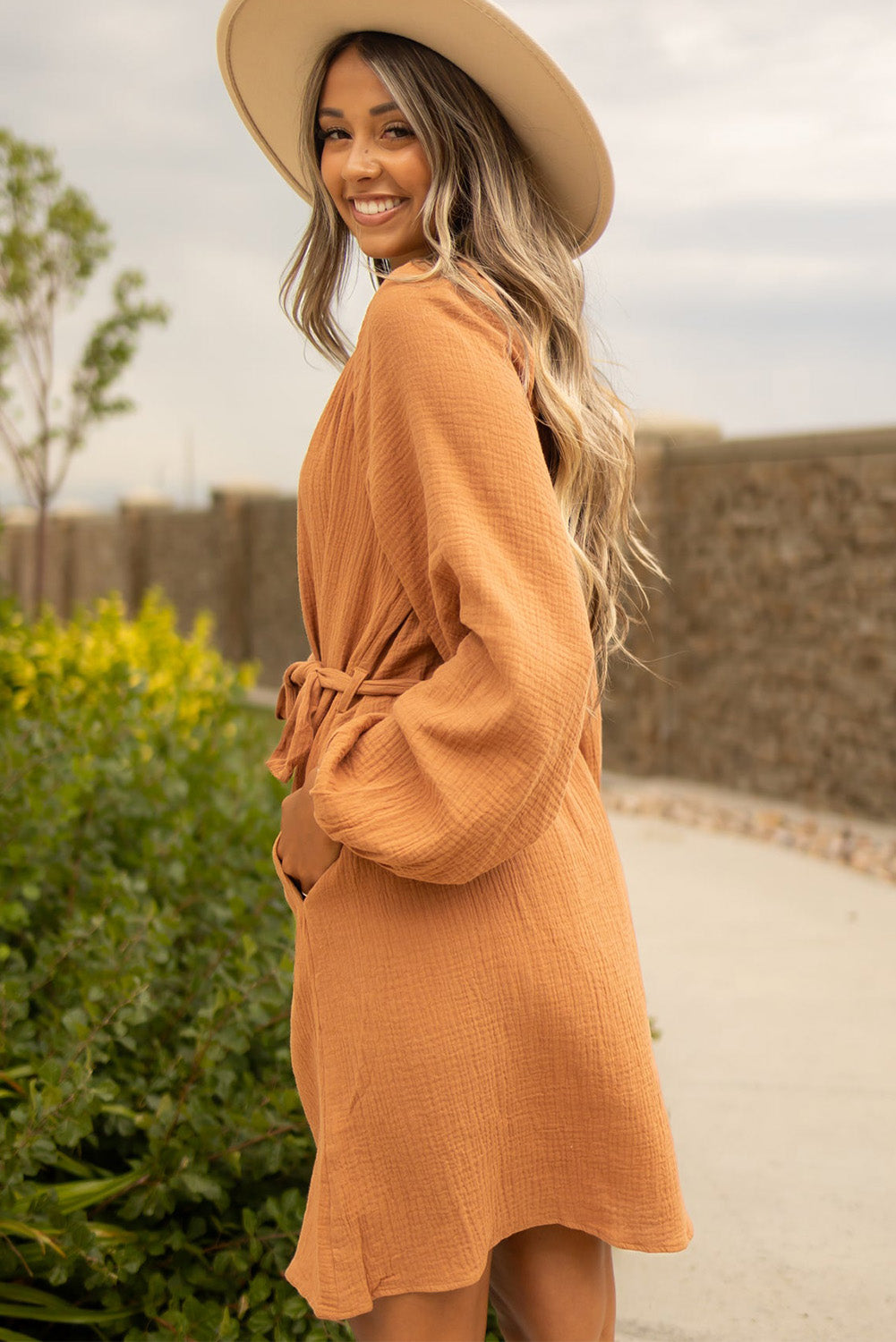 Camel Puff Sleeve Crinkled Shirt Dress