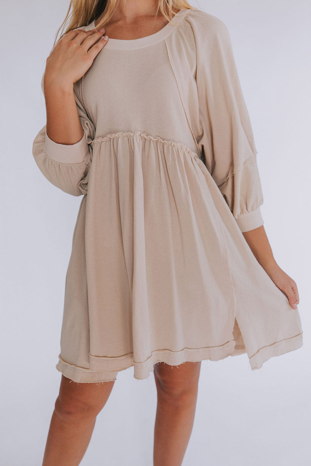 Oatmeal Dress 3/4 Sleeves High Waist Slits Short & Casual Dresses