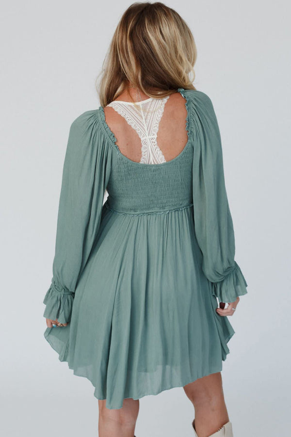 Mist Green Smocked Ruffled Bubble Sleeve Flowy Short Dress with pockets