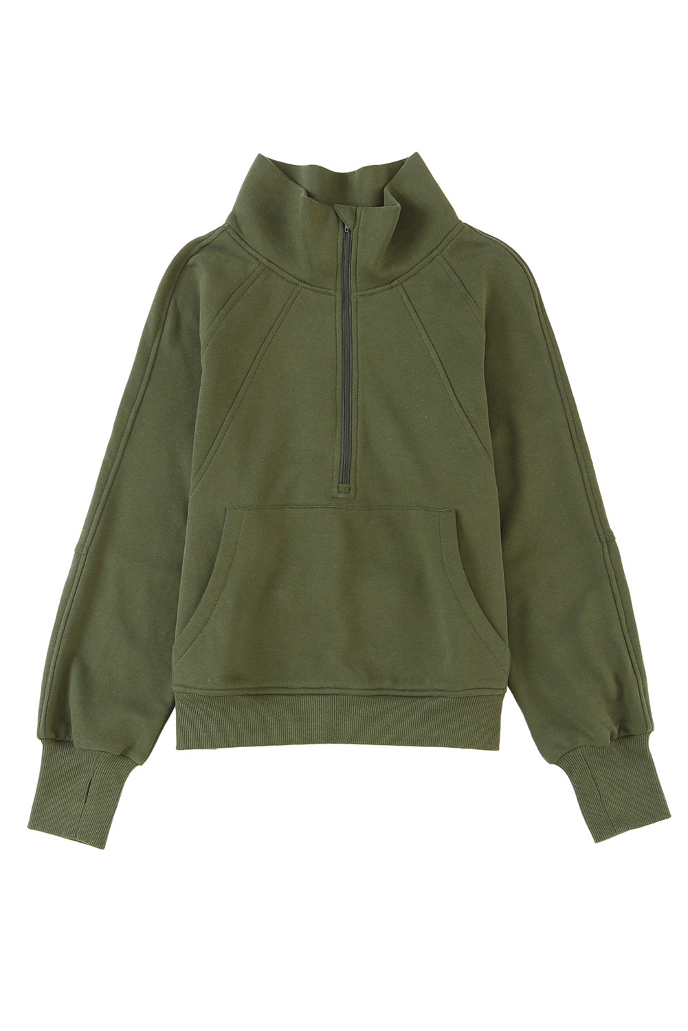 Green Zip Up Stand Collar Ribbed Thumbhole Sleeve Sweatshirt