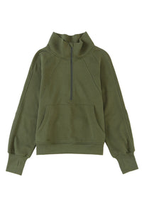 Green Zip Up Stand Collar Ribbed Thumbhole Sleeve Sweatshirt