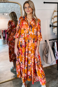 Orange Abstract Print Pleated Half Sleeve Buttoned Maxi Dress