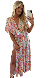 Women’s Long Beach Dress Boho Multicolor Tropical Floral Print Ruched V Neck Loose Sleeve Flowy Maxi Dress