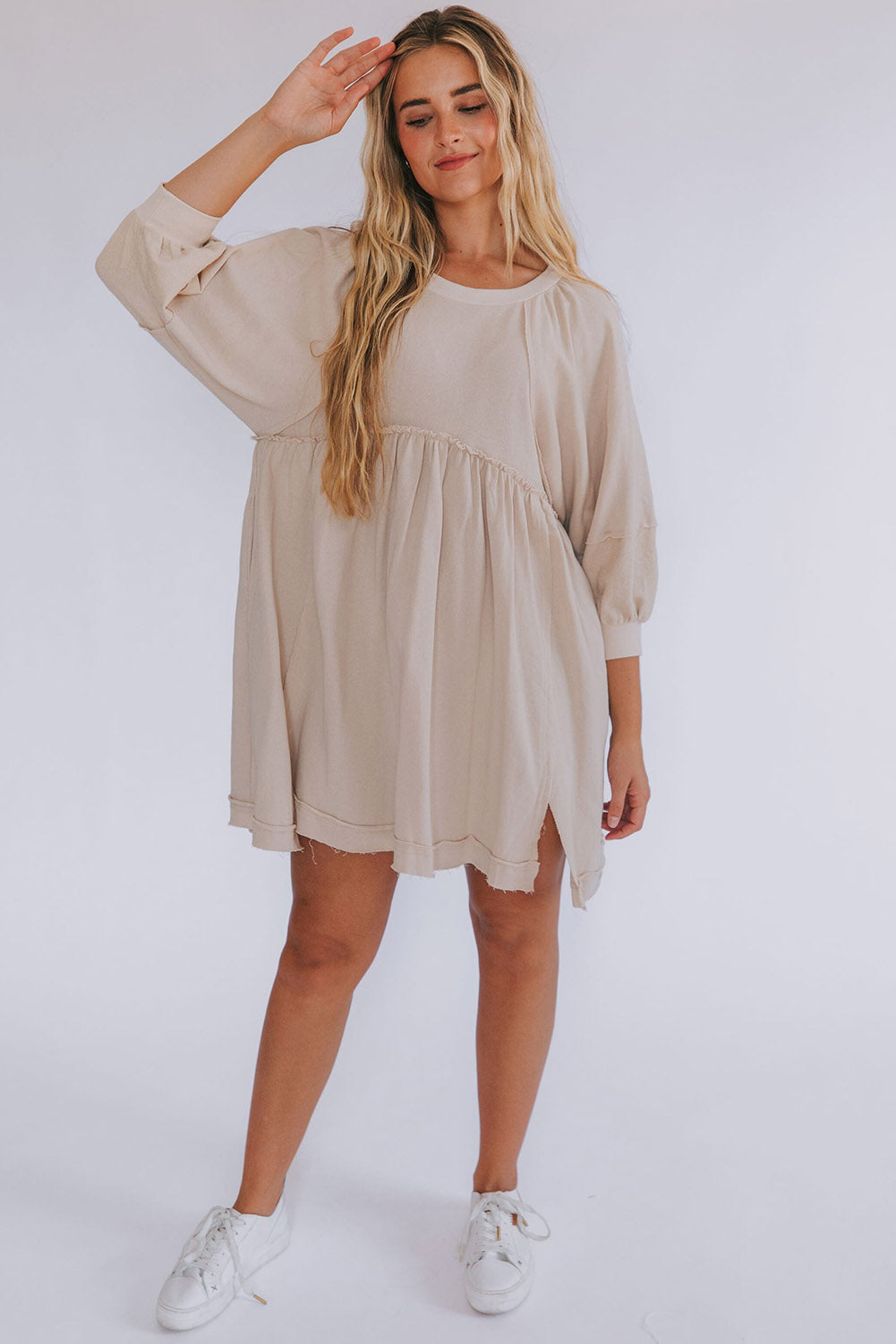 Oatmeal Dress 3/4 Sleeves High Waist Slits Short & Casual Dresses