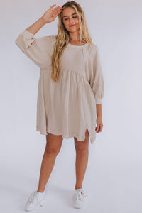 Oatmeal Dress 3/4 Sleeves High Waist Slits Short & Casual Dresses