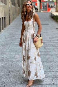 Casual Long Dress Vacation Beach Ladies Fashion White Tropical Print Smocked Ruffled Straps Maxi Dress