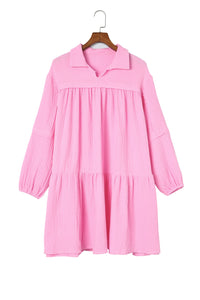 Pink Long Sleeve Loose Fit Casual Long Turn-down Neck Textured Bubble Sleeved Short Dress