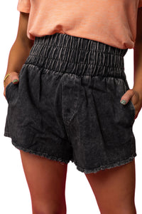 Black Denim Shorts Women's Smocked High Waist Mineral Washed Jean Shorts