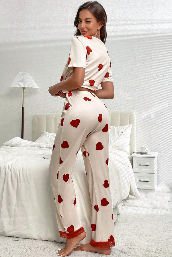 White Valentines Heart Print Lace Hem Tee Pants Pajama Set Fashion Pajamas