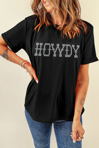 Black HOWDY Rhinestone Slim Fit Crew Neck T Shirt Ladies Casual Black Blouse