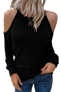 Black Marble Knit Cold Shoulder Cutout Long Sleeve Top