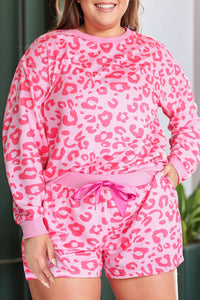 Bonbon Leopard Long Sleeve Satin Tie Shorts Loungewear Set,  Pajama Set Plus Size Outfit