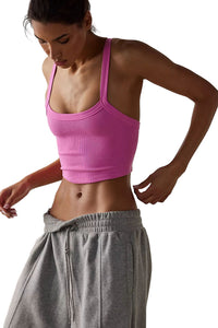 Pink Cropped Cami Top Comfortable Spaghetti Sleeve Shirt Bonbon Athletic Ribbed