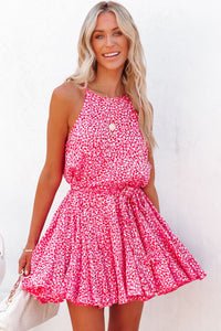 Pink Leopard Print Sleeveless Mini Dress with Waist Tie