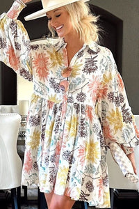 White Floral Collared Neck Button Down Bubble Sleeve Floral Flowy Shirt Dress