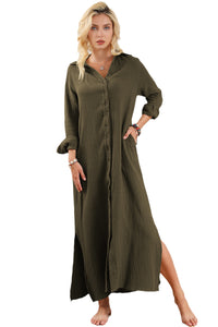 Women’s Fashion Dress Green Crinkle Button Up Casual Split Shirt Maxi Dress