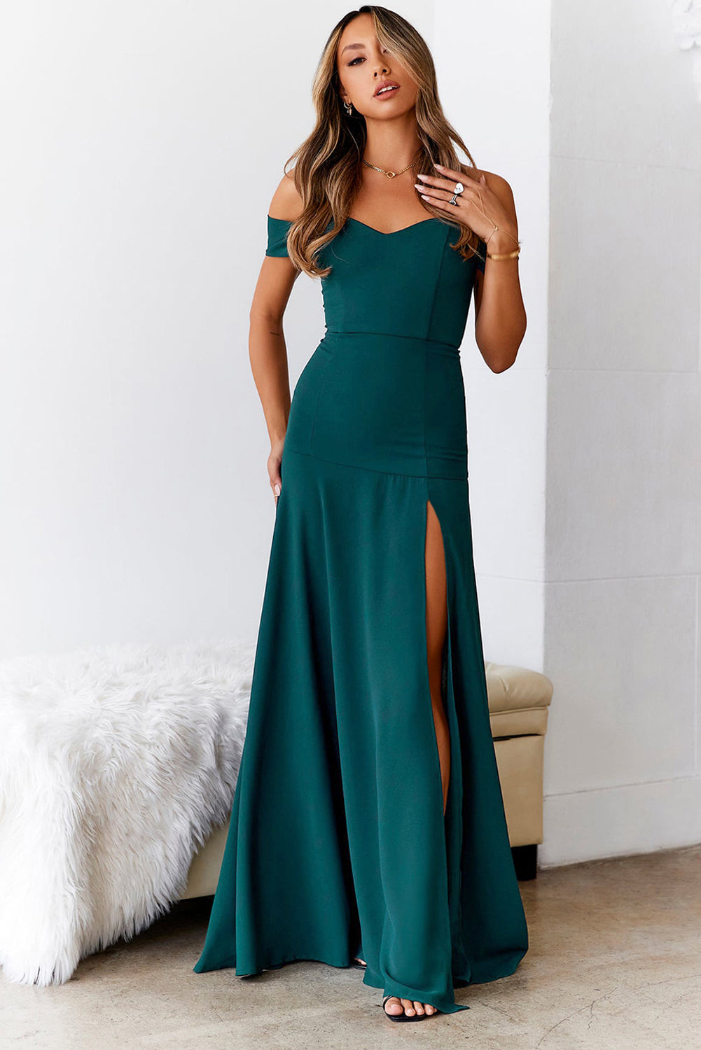 Blackish Green Off Shoulder Sleeveless High Split Maxi Dress