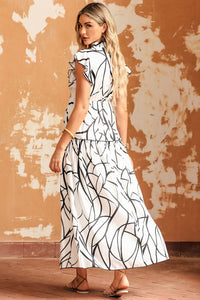 Womens Fashion Casual Long Dresses White Abstract Vein Print V Neck Ruffle Maxi Dress