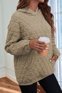 Pale Khaki Solid Color Quilted Kangaroo Pocket Hoodie