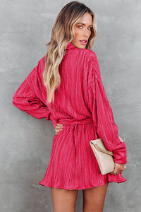 Rose Pink Pleated Buckle Belt Drop Shoulder Shirt Mini Dress Womens Fashion and Dresses