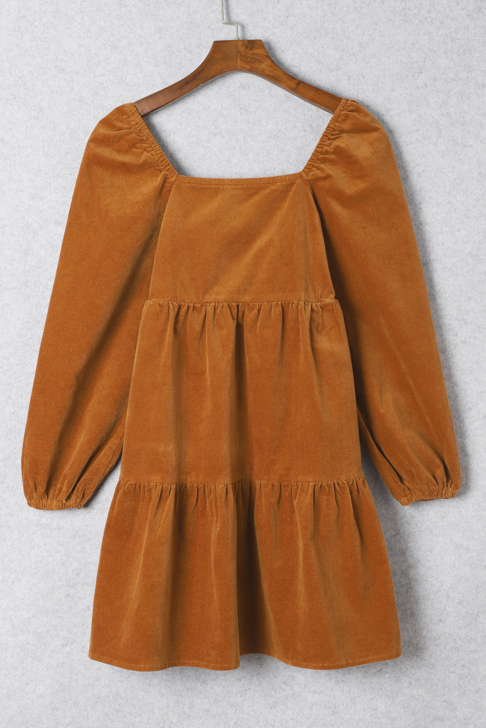 Boho Long Sleeve Dress with pockets  Chestnut Square Neck Puff Sleeve Tiered Corduroy Mini