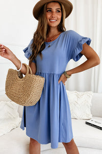 Sky Blue Round Neck Ruffle Sleeve Loose Dress