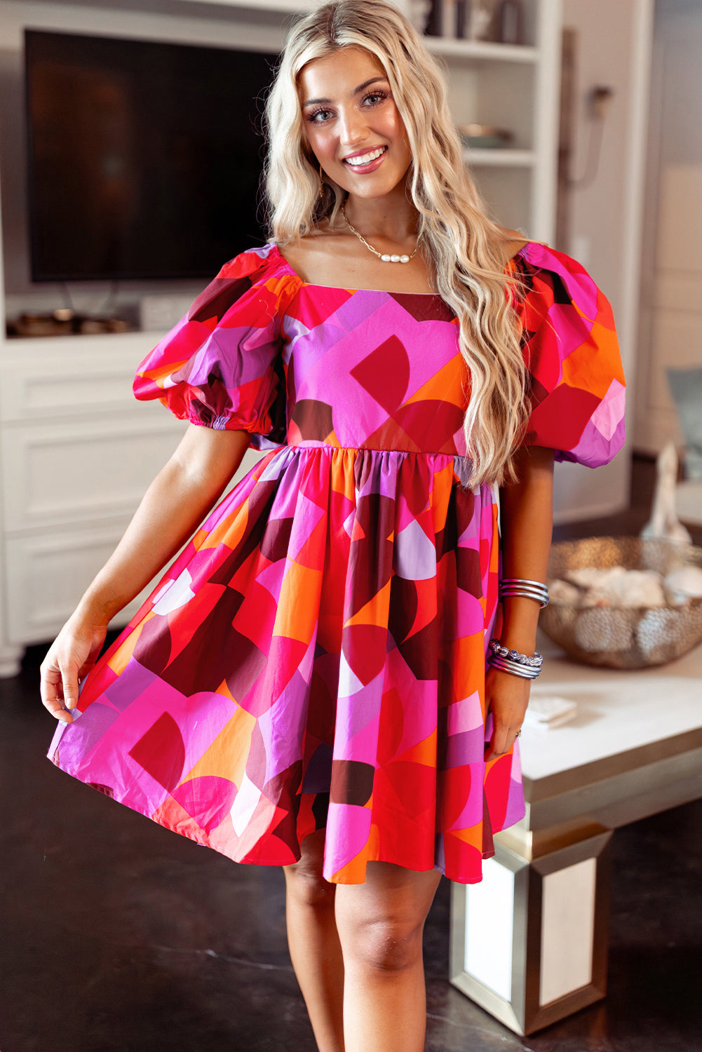 Women's Red Abstract Print Square Neck Puff Sleeve Short Mini Dress