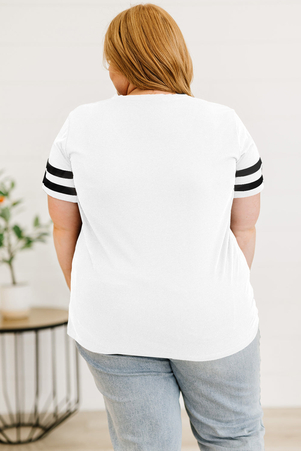 White Plus Size Stripes Stitching Sleeve V Neck T-shirt