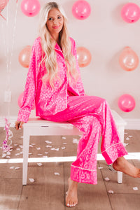 Pink  Pajamas Set 2pcs Leopard Long Pants and Long Sleeve Top Loungewear Sleepwear