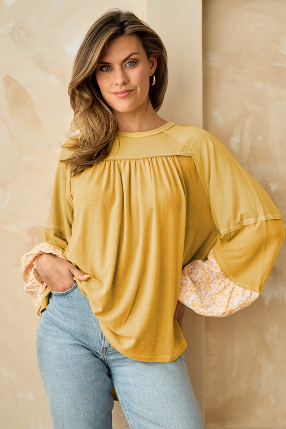 Yellow Long Sleeve Shirt Casual Women's Beige Floral Colorblock Balloon Sleeve Exposed Seam Top KESLEY