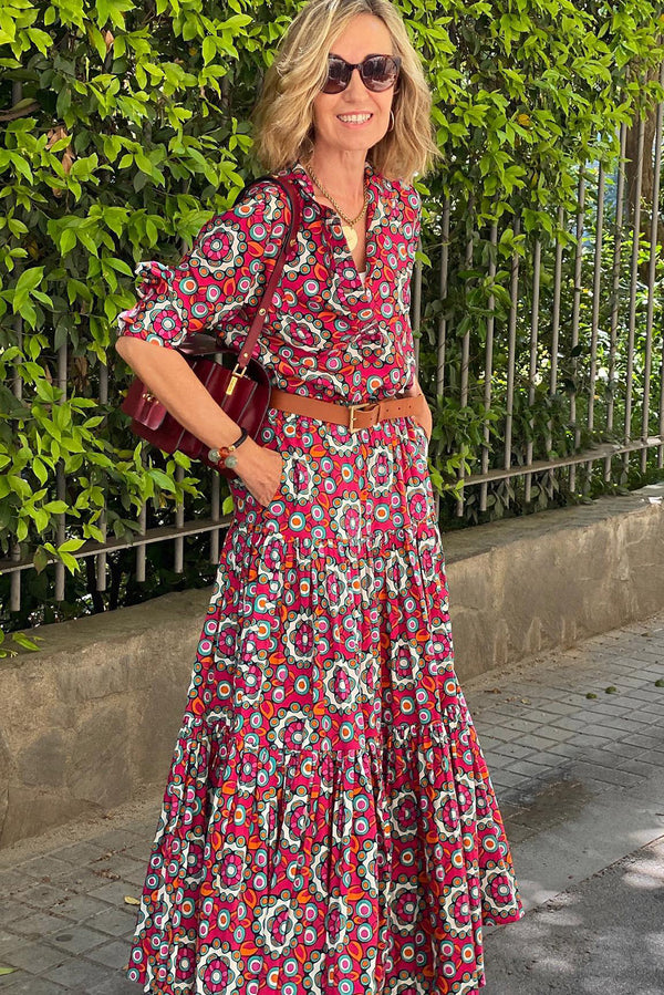 Floral Print Long Sleeve Shirt Bodice Flared Maxi Dress