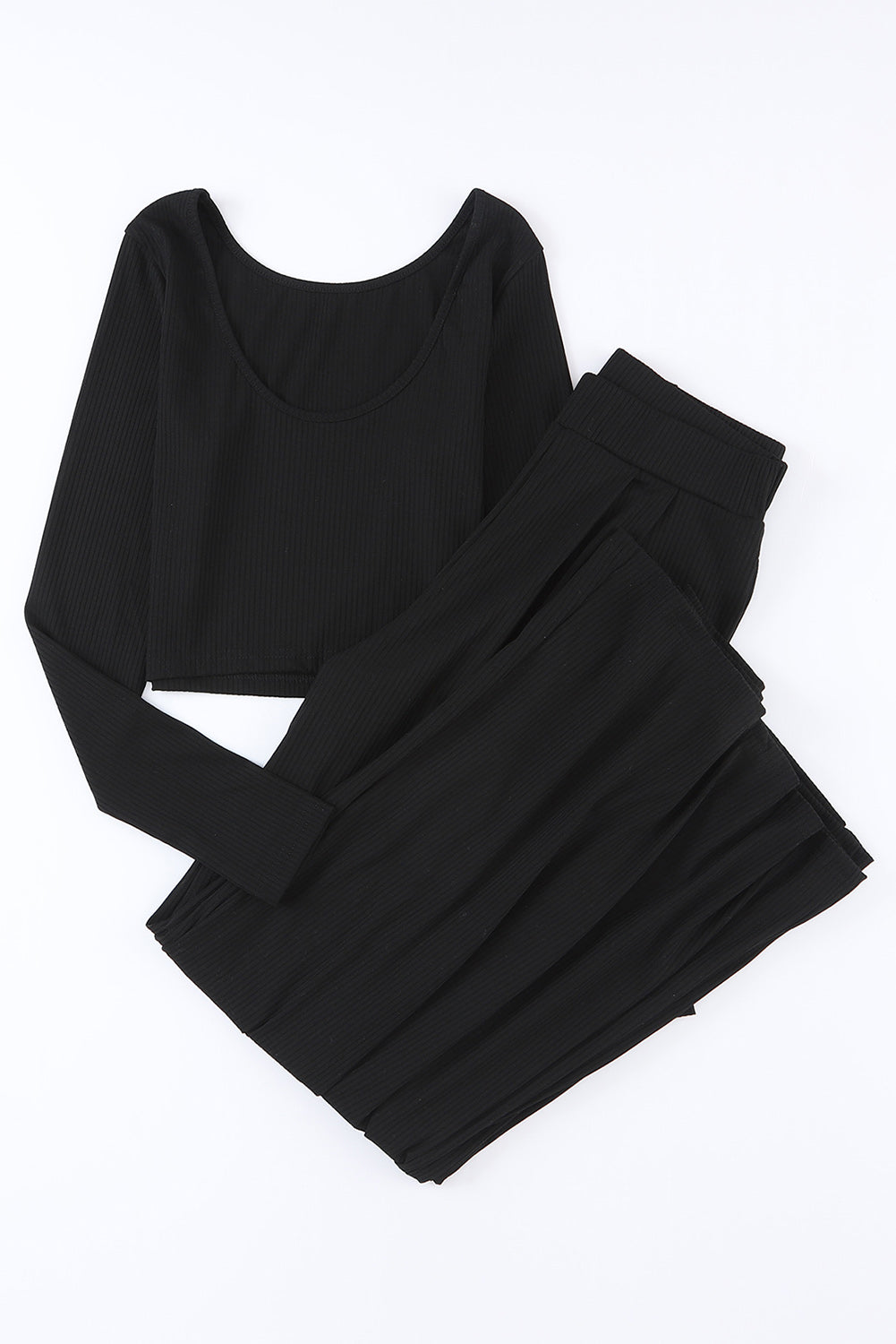 Womens Fashion Outfit Set Black Solid Color Ribbed Crop Top Long Flowy Pants Set