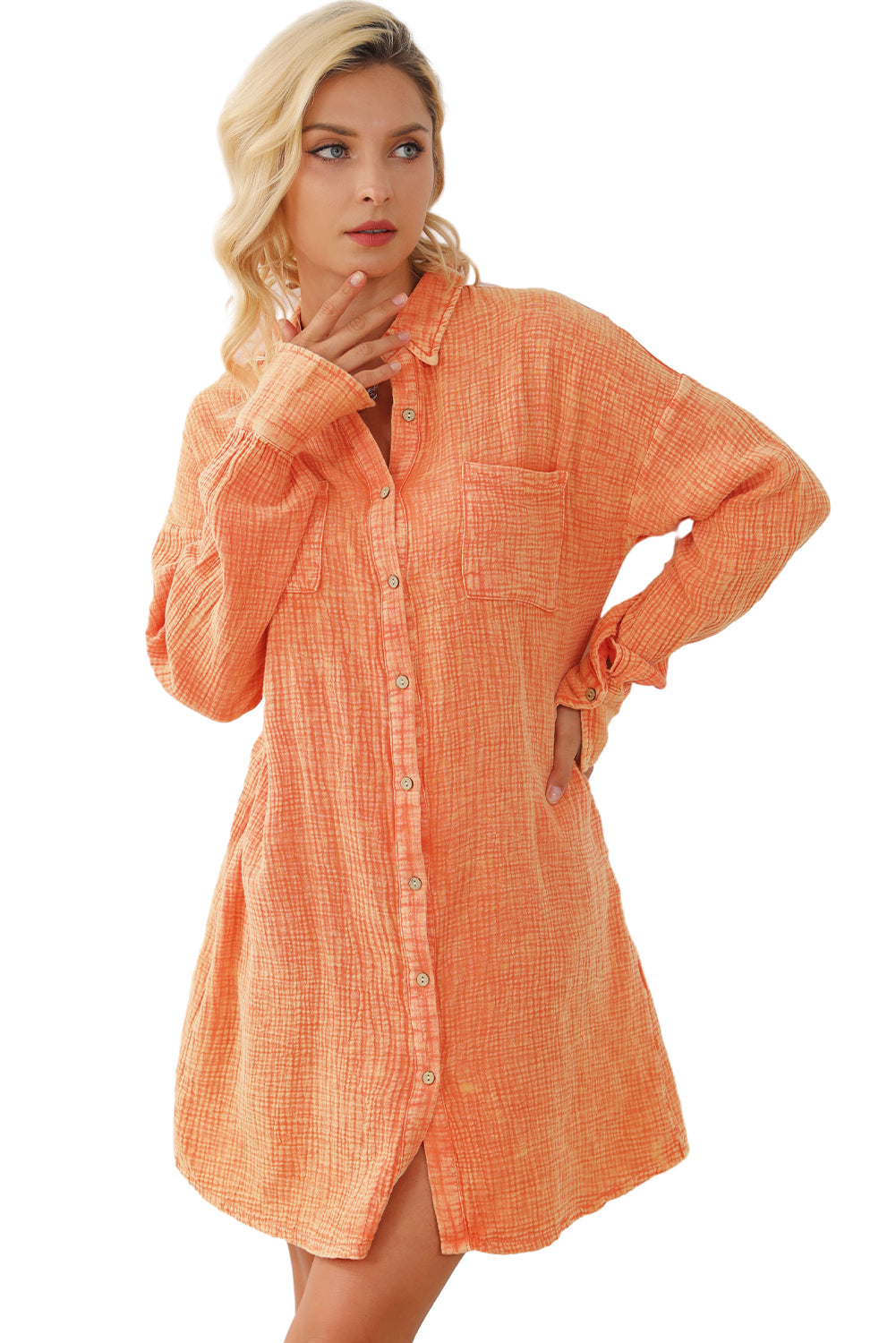 Orange Crinkled Dual Chest Pocket Oversized Shirt Dress Womens Fashion