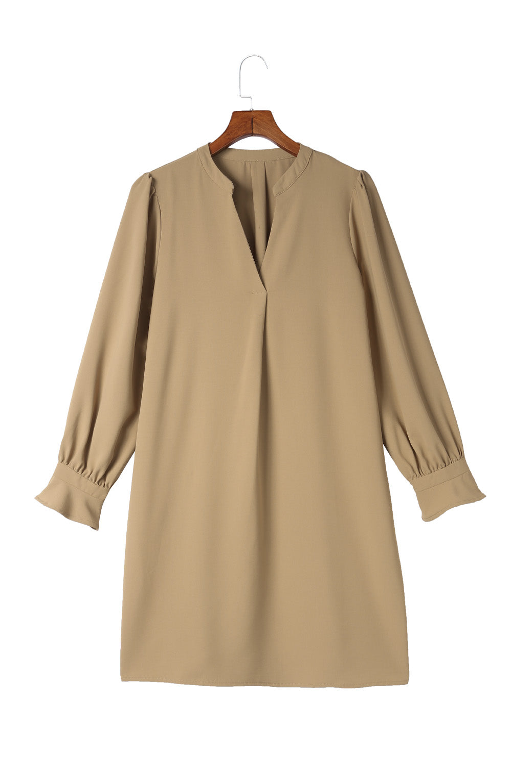 Nude Shirt Dress Apricot Split V Neck Ruffled Long Sleeves Shirt Dresses