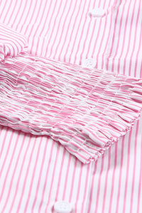 Pink Smocked Cuffed Striped Boyfriend Shirt with Pocket